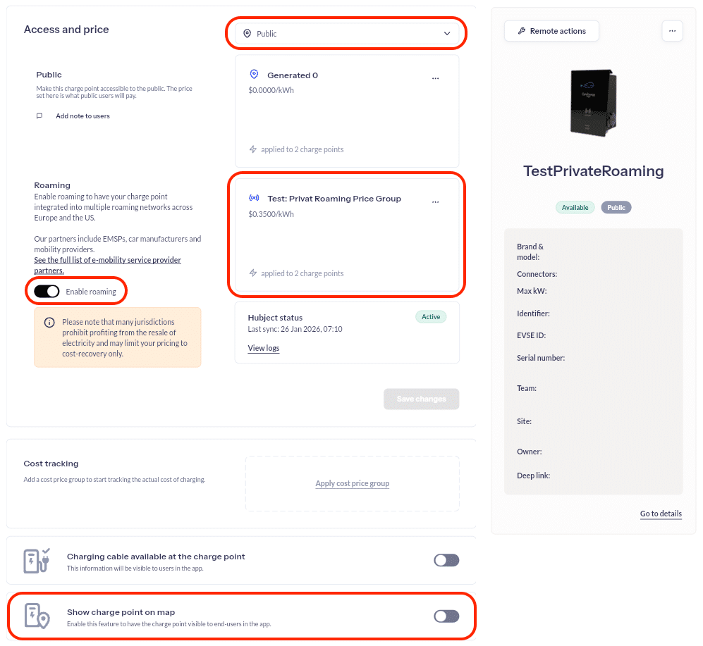 Interface displaying options for enabling roaming on a charge point, with sections for access, price, roaming details, and map visibility toggle.