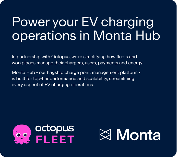 Monta x Octopus 1 Monta and Octopus logos on a blue background, highlighting EV charging solutions with text about Monta Hub's features and benefits.