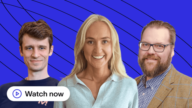 Featuring three individuals against a vibrant blue background with curved lines. A "Watch now" button is visible at the bottom.