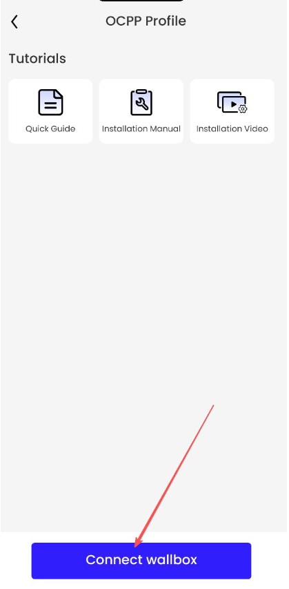 Raedian Gemini Installation Guide 3 User interface showing an OCPP Profile with options for a Quick Guide, Installation Manual, and Installation Video. A prominent blue button labelled "Connect wallbox" is highlighted.