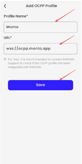 Raedian Gemini Installation Guide 6 Form for adding an OCPP profile, featuring fields for Profile Name, URL, and a prominent blue 'Save' button.