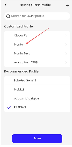 Raedian Gemini Installation Guide 7 Dropdown menu for selecting an OCPP profile, highlighting "Monta" with a red arrow, featuring a clean, white background and various options.