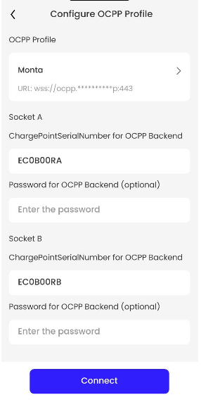 Raedian Gemini Installation Guide 8 Configuration interface for OCPP Profile with fields for socket details, including serial numbers and password inputs, on a light background.
