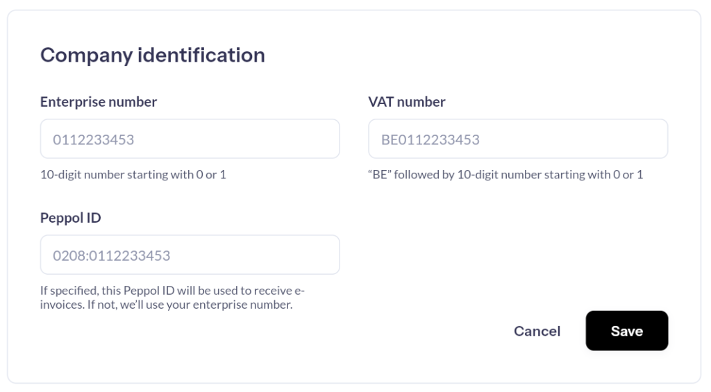 Form fields for company identification, featuring spaces for enterprise number, VAT number, and Peppol ID, with a 'Save' button below.