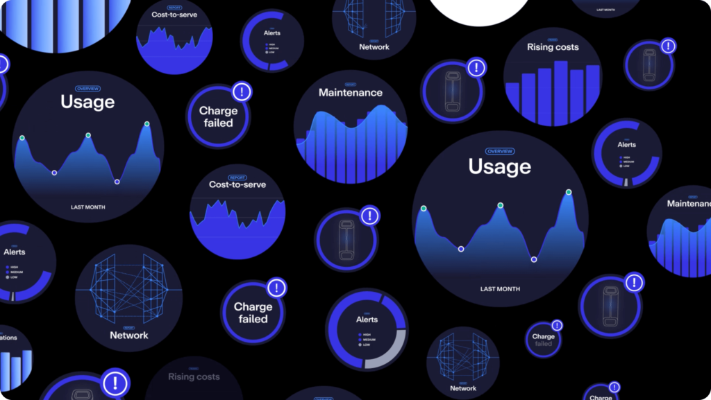 How AI is changing the way EV charging networks are run 1 Abstract design with blue and purple circular elements displaying graphs and keywords like "Usage," "Network," and "Maintenance" on a black background.