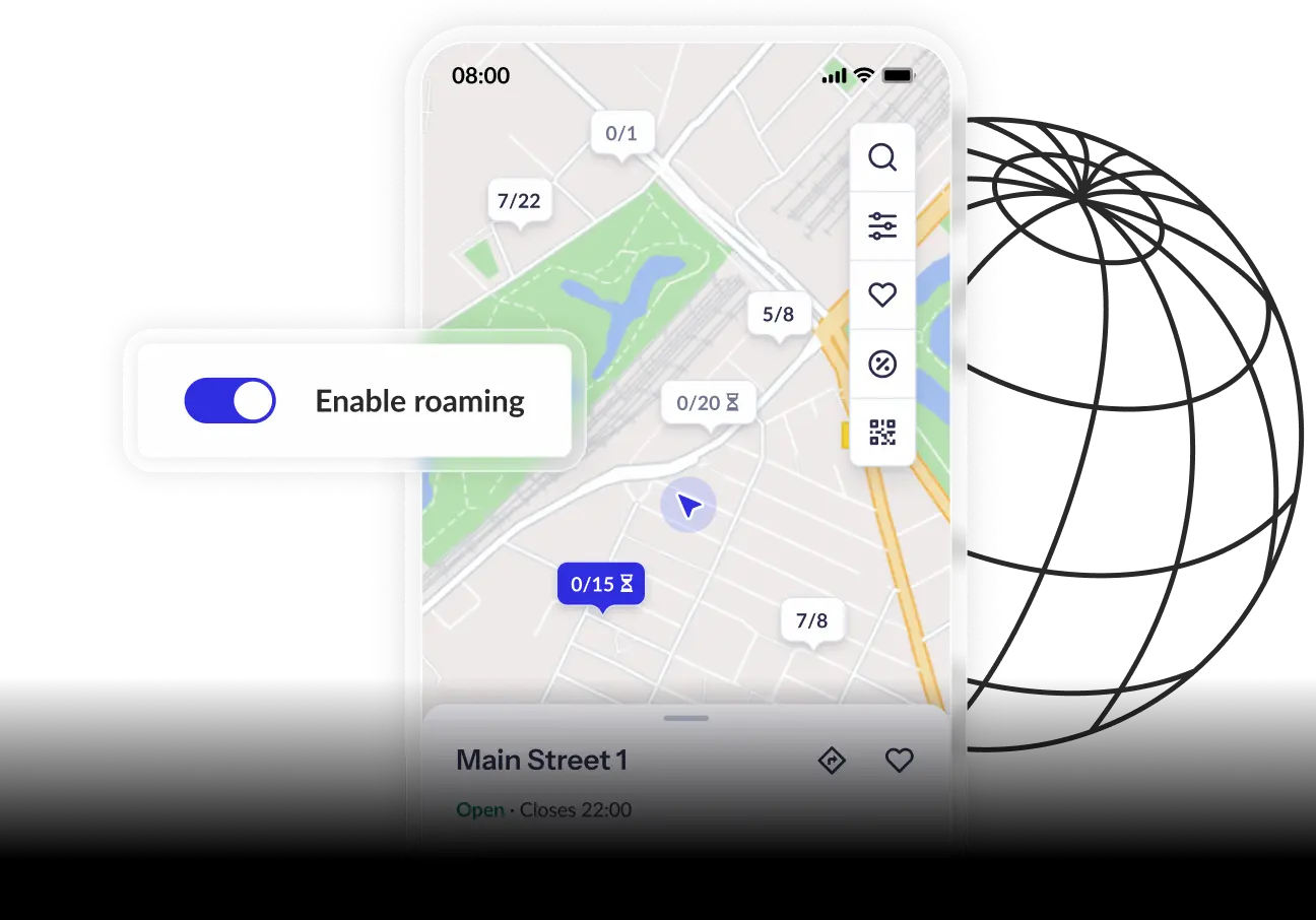 Map interface on a mobile screen showing a network of EV charging stations with a toggle switch for enabling roaming.