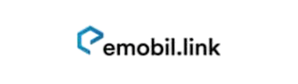 Blaues Symbol mit abgerundeten Ecken links, gefolgt von der schwarzen Schrift "emobil.link" auf weißem Hintergrund.