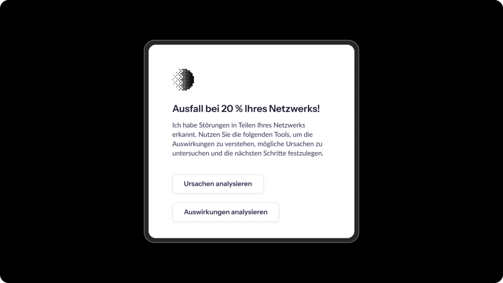 Fehlerbenachrichtigung über einen Ausfall von 20 % des Netzwerks mit Optionen zur Ursachen- und Auswirkungen-Analyse, in klarer Layoutform.