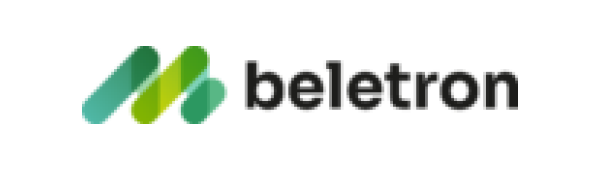 Grünes und gelbes Logo von Belettron mit schräg gestellten, stilisierten Balken und moderner Schrift.
