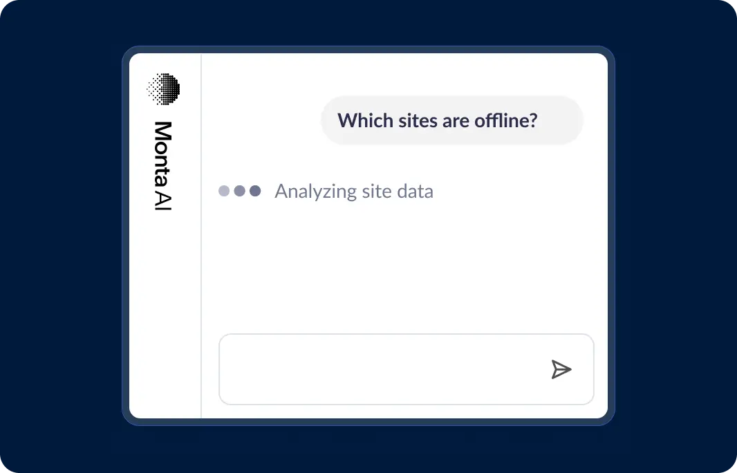 Monta AI-Chatoberfläche mit der Frage „Which sites are offline?" und der Antwort „Analyzing site data
