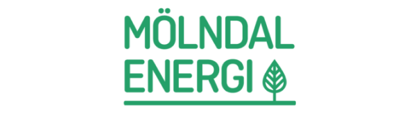 Green logo for Mölndal Energi featuring the text "Mölndal" above "Energii" with a leaf icon, all in a modern sans-serif font.