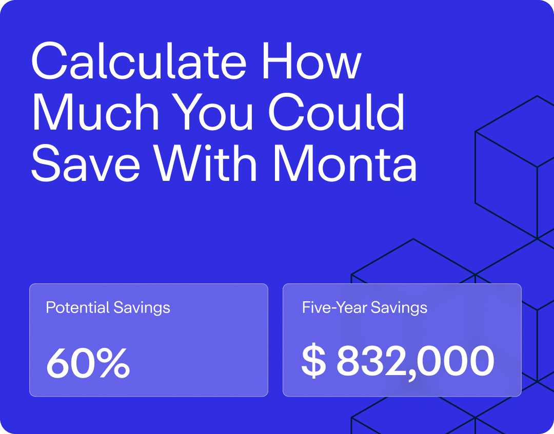 Blue background with white text highlighting potential savings of 60% and five-year savings of $832,000; geometric shapes in corners.