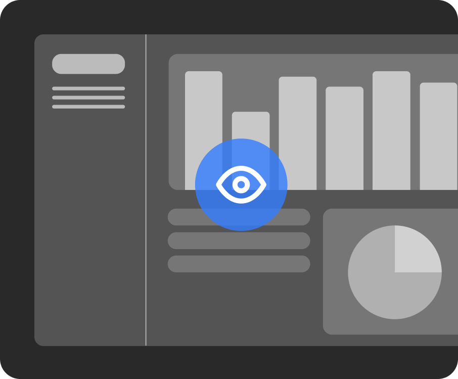 Dashboard interface with a bar chart and pie chart, overlaid with a blue eye icon representing data visibility or monitoring