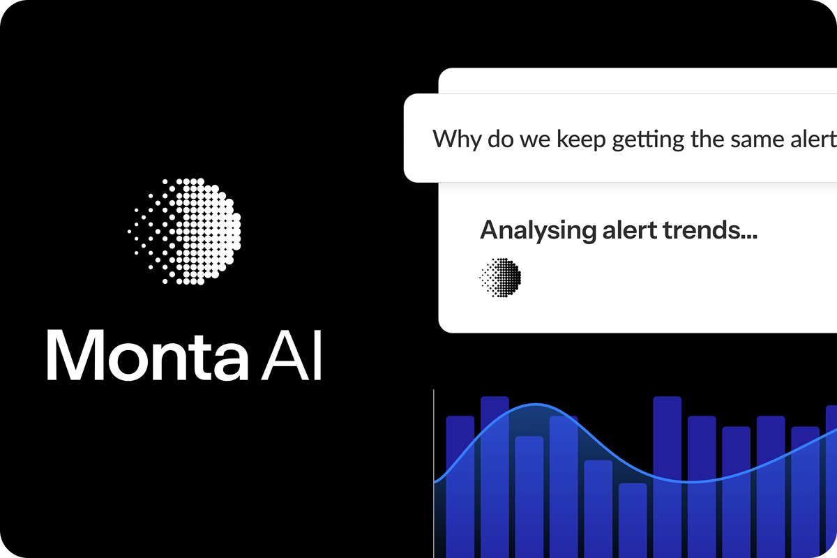 Monta AI logo on a black background, with a speech bubble asking about alerts and a blue bar graph illustrating alert trends.