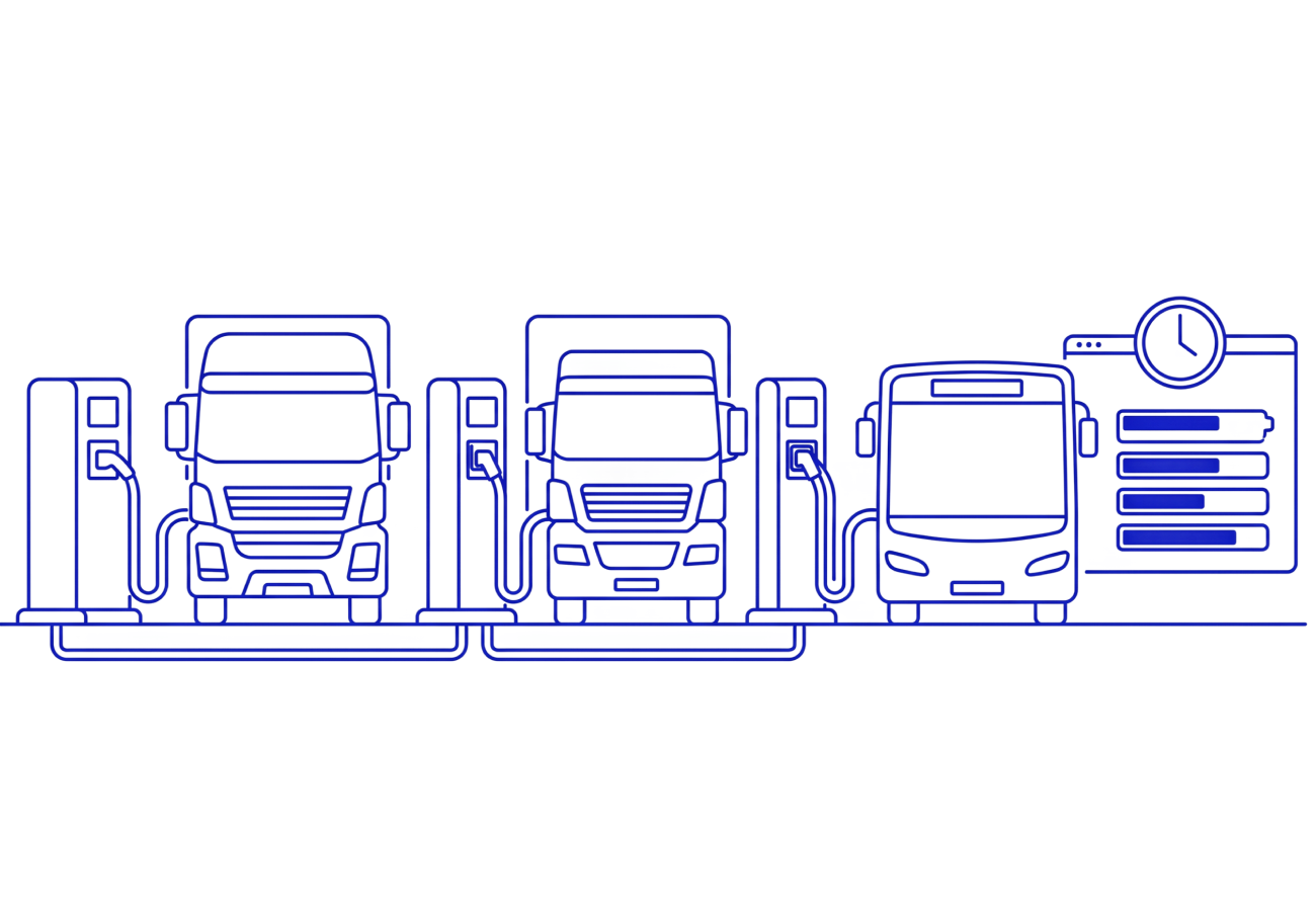 Two lorries and a bus at charging stations, with a screen showing charge levels and a clock, illustrating fleet charging management