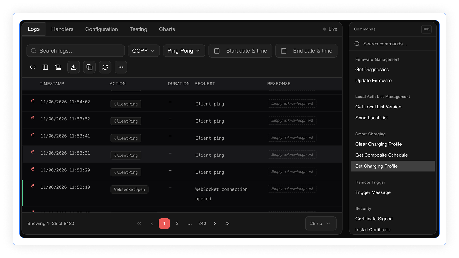 OCPP logs interface showing timestamped ClientPing and WebSocket events, with a Commands panel listing smart charging and firmware options