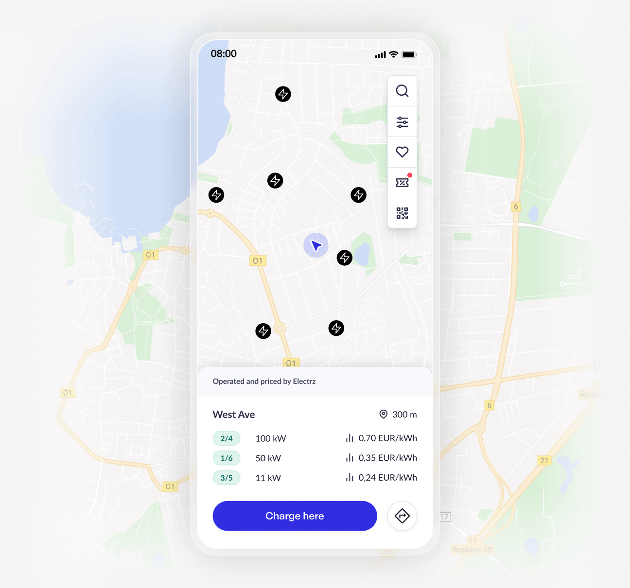 Map interface on a mobile phone showing EV charging stations with pricing details, surrounded by a suburban area and a water body.