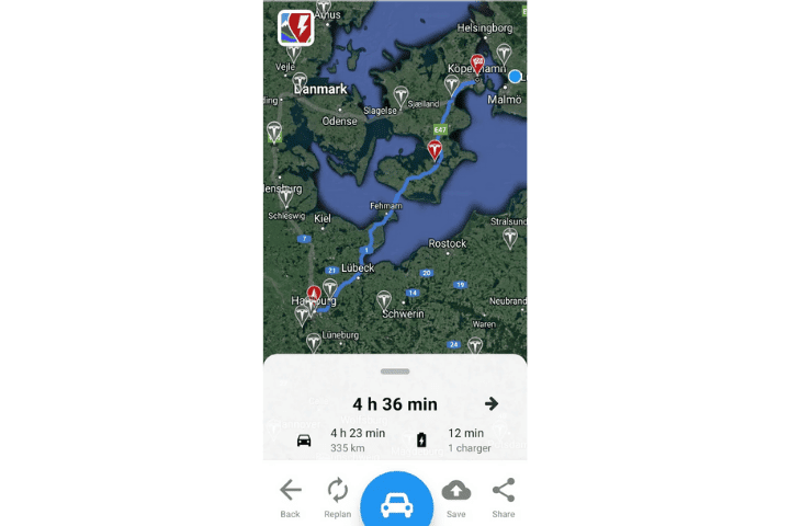 A Better Route Planner App view of a route and available Tesla chargers on the way