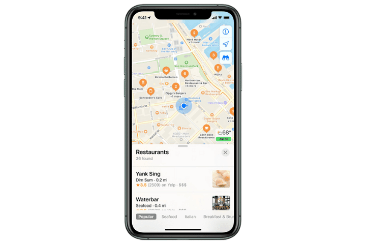 Apple Maps App view of restaurants nearby