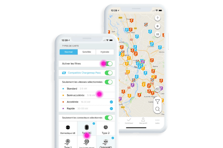 Chargemap App view of available charge points nearby and filter settings