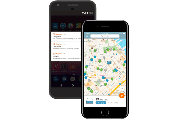 Chargepoint App view of map with chargepoints available