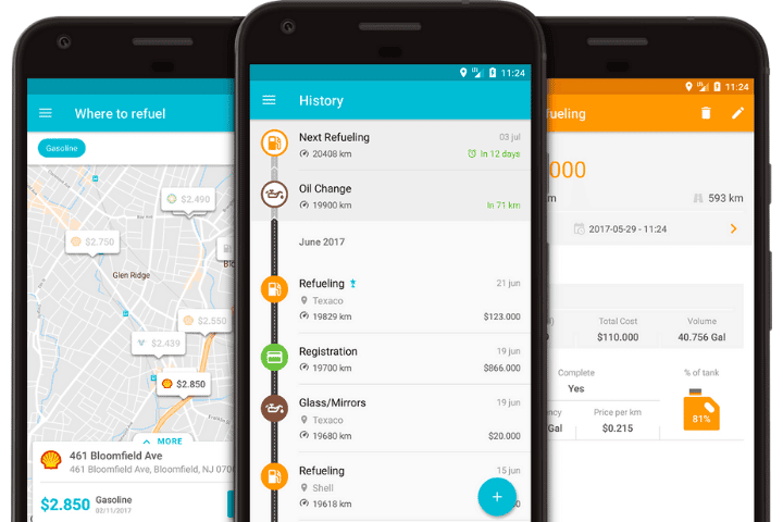 Drivvo app mobile view of activity log, fuel consumption and nearby charge stations