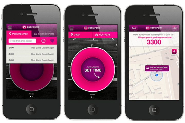 Easy Park tripple mobile view of nearby parking locations, charge schedule and location