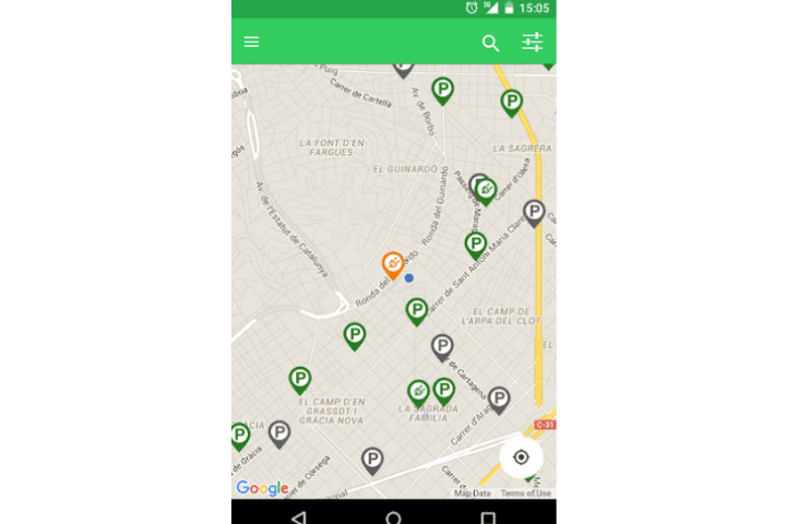 Electro Maps App view of available parkings and cahrge points nearby