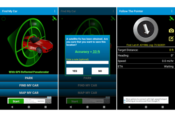 Find My Car GPS Navigation App tripple mobile view of radar for finding location