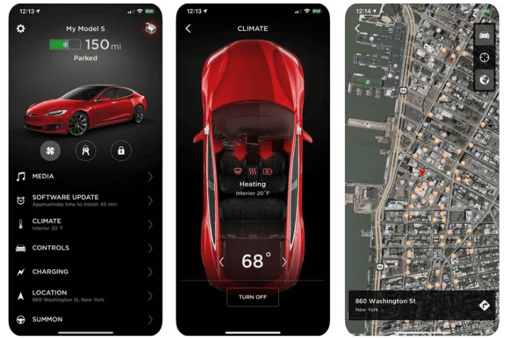 Tesla App tripple mobile view of basic data, heating and location