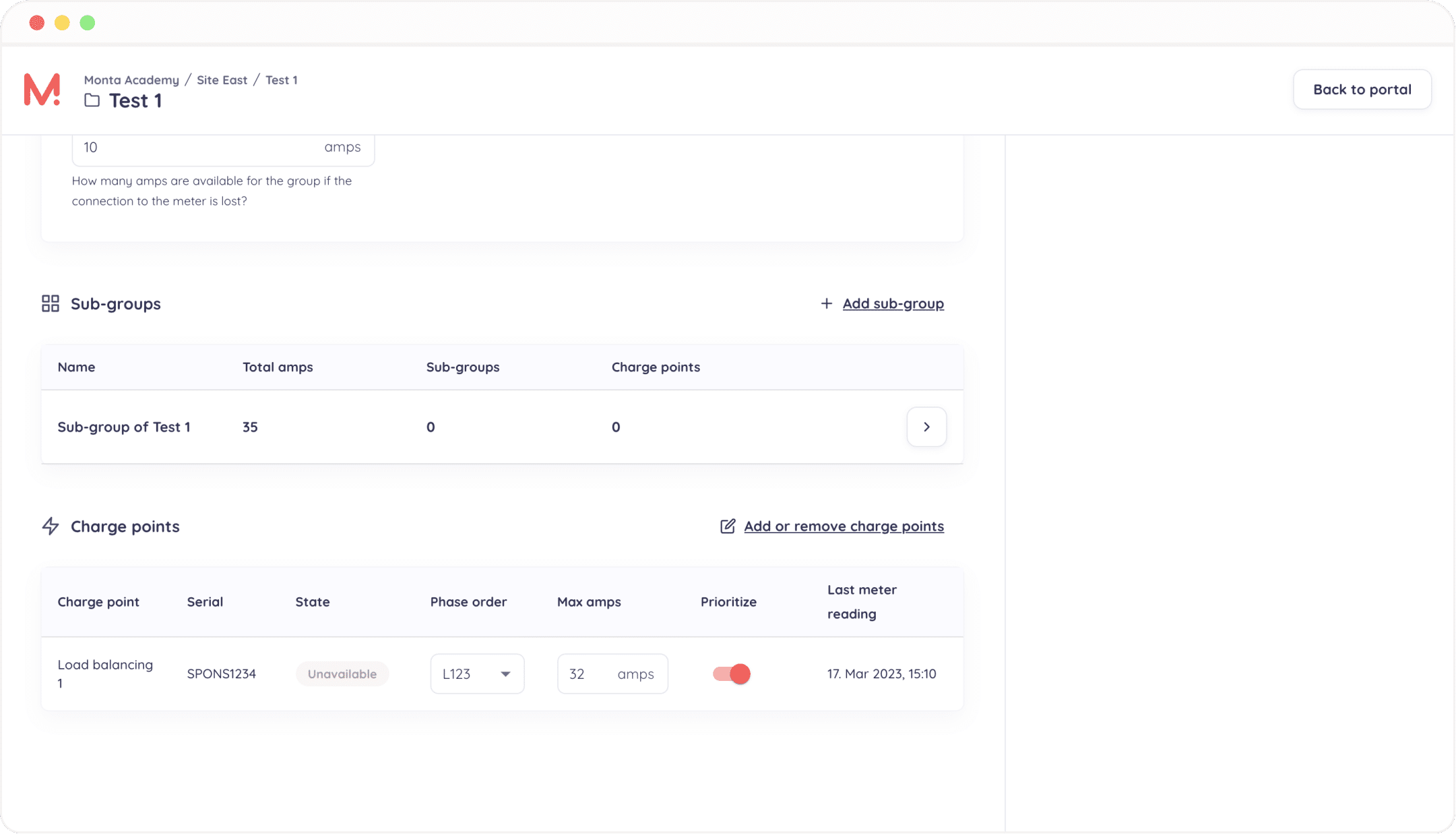 advanced charge point settings load balancing portal