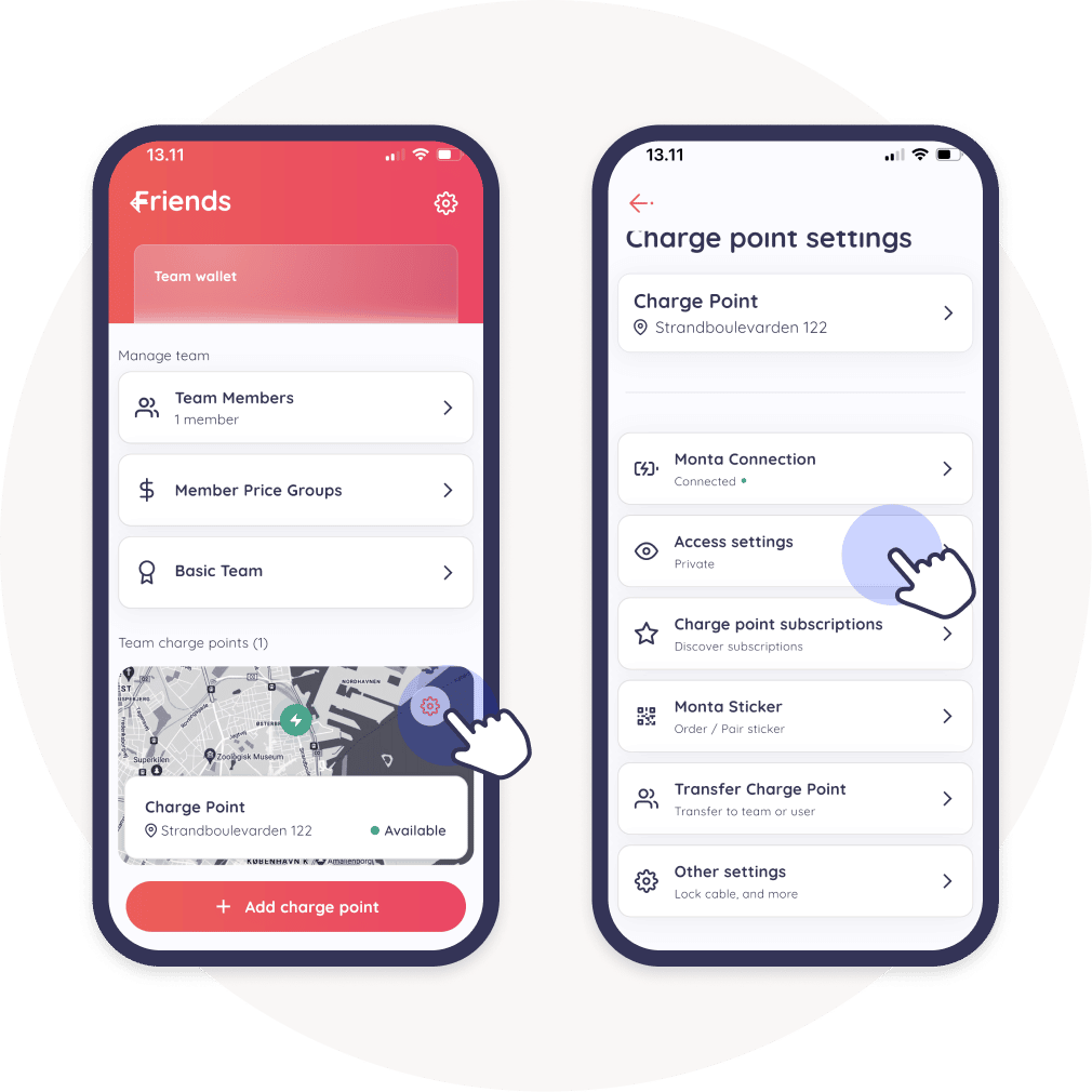 charge point settings select access monta app