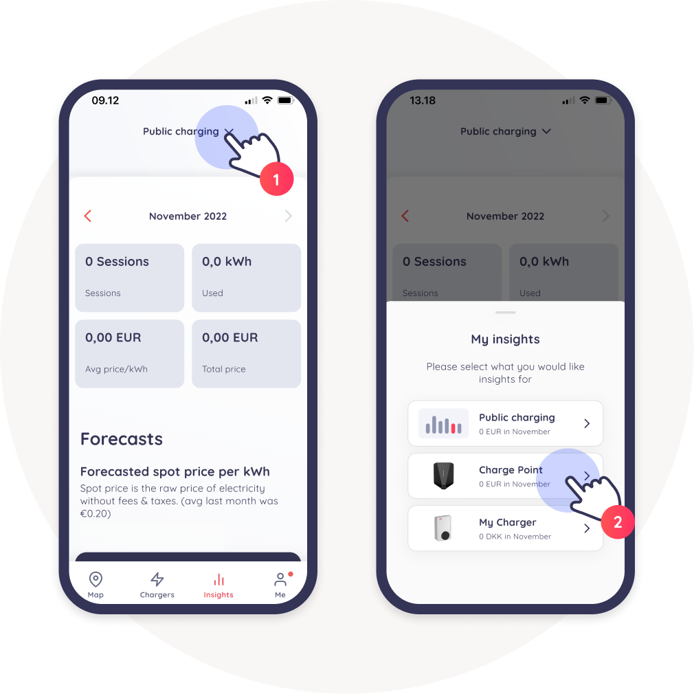 click drop down select private charge point monta app