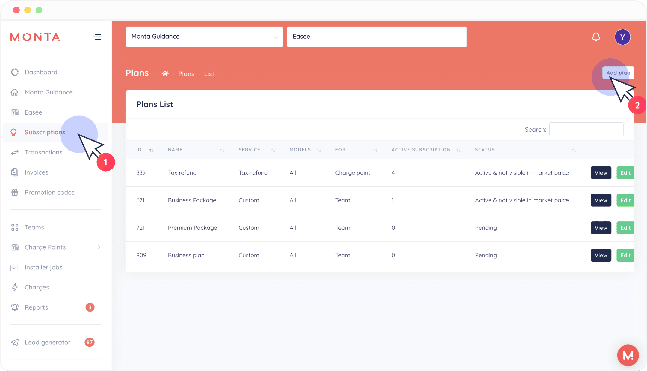 click on subscriptions press add plan portal