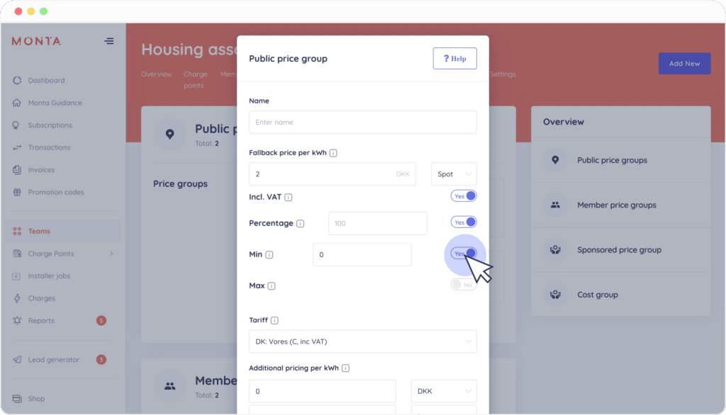 min toggle dynamic price portal