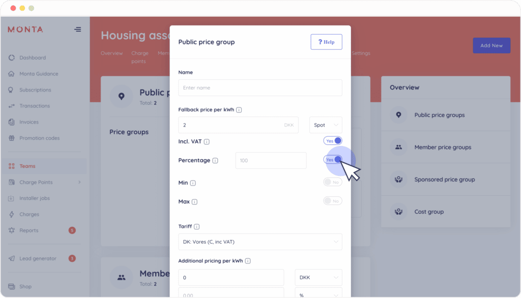 percentage toggle dynamic price portal