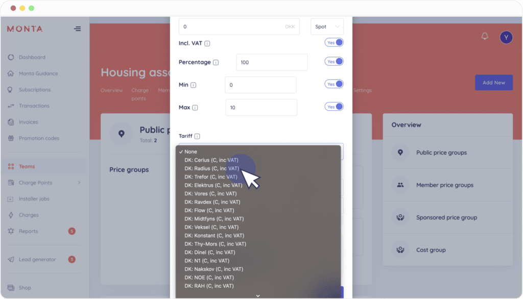 select tariff based on provider portal
