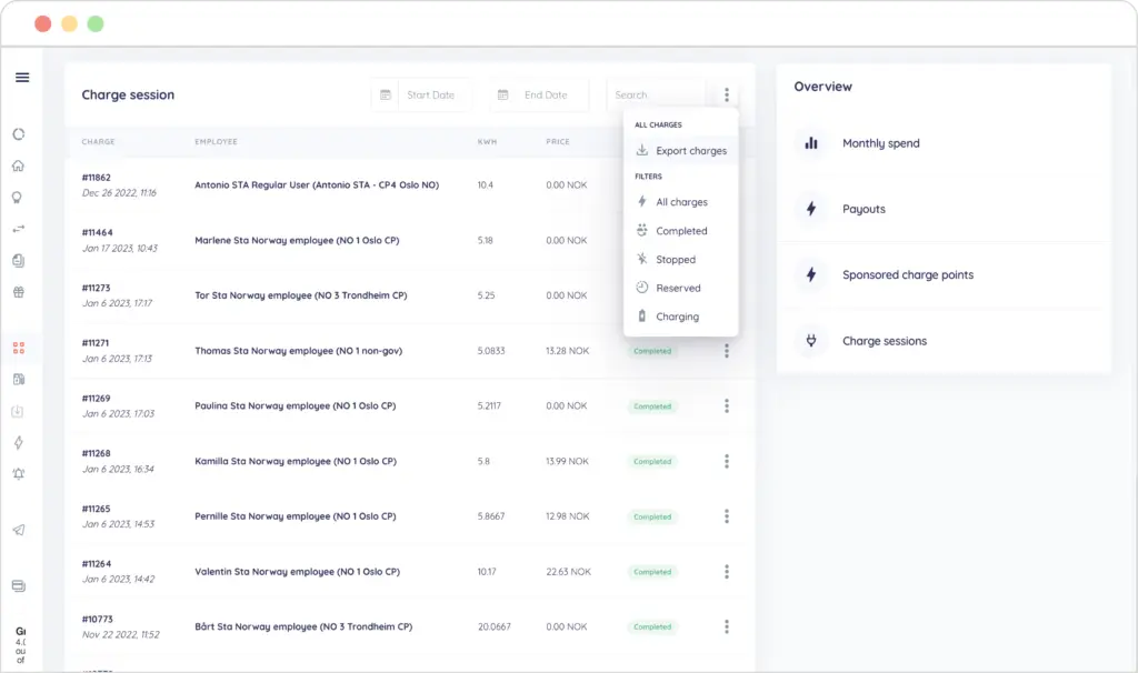 charge session overview from monta portal