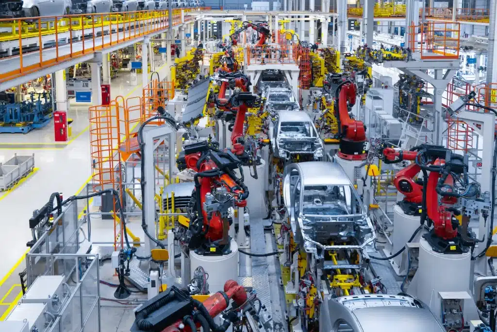 assembly line production new car automated welding car body production line robotic arm car production line is working 1