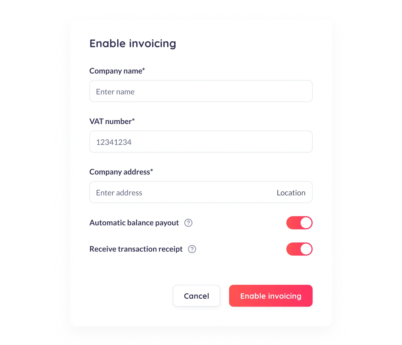 enable invoicing card