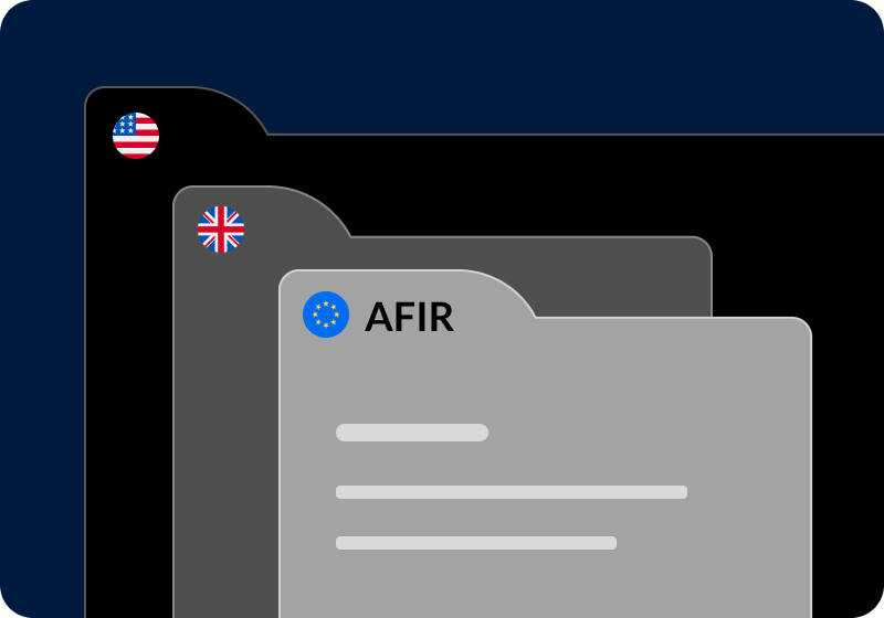 Three document tabs in a layered layout: a grey tab labelled 'AFIR' with European Union symbolism, plus tabs for the USA and UK.