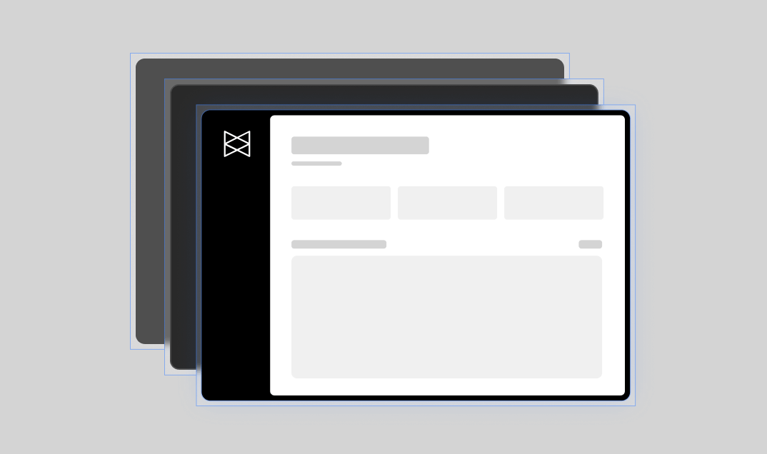Three layered dashboard screens in varying shades of grey, with the top screen featuring a white layout and a visually distinctive logo.