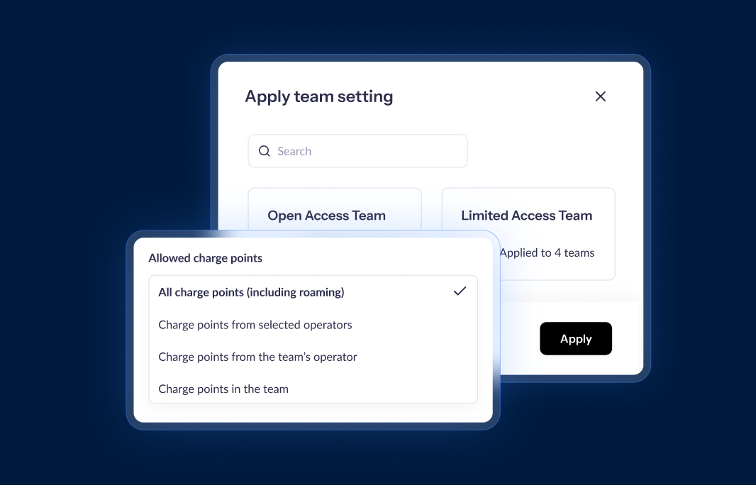 Modal window for team settings with options for "Open Access Team" and "Limited Access Team." Features a dropdown for allowed charge points.