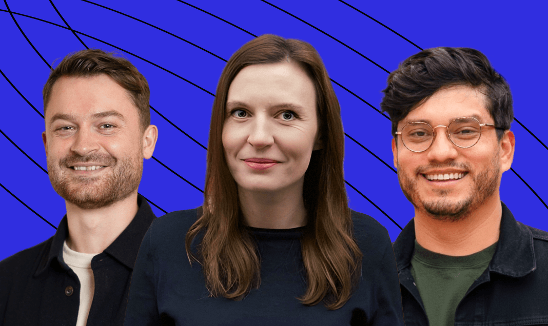 Three people smiling against a bright blue background with wavy, black lines; from left to right: a man with light brown hair, a woman with long brown hair, and a man with curly hair and glasses.