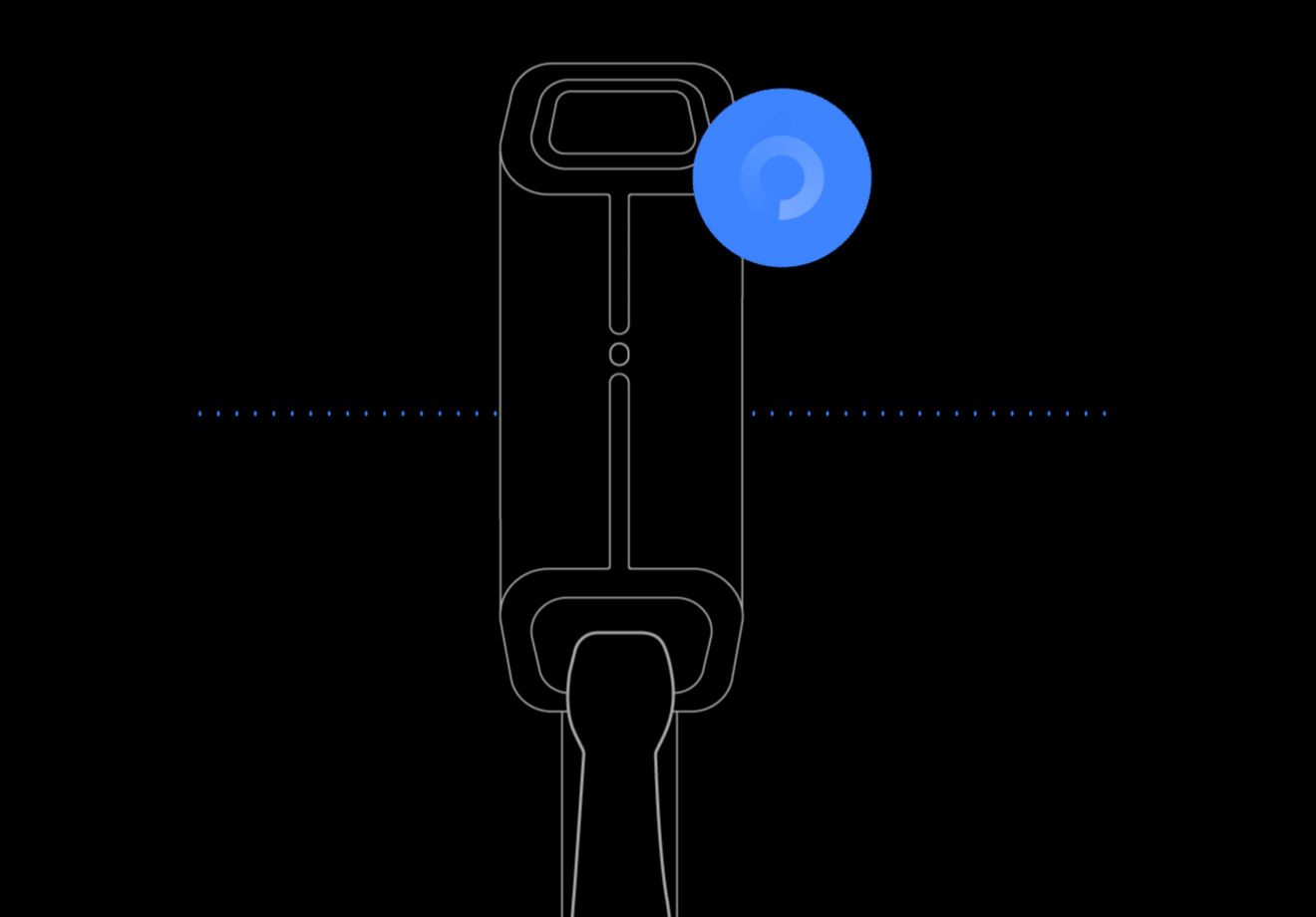 Minimalistic illustration of a device silhouette on a black background, featuring a prominent blue circular icon above it.