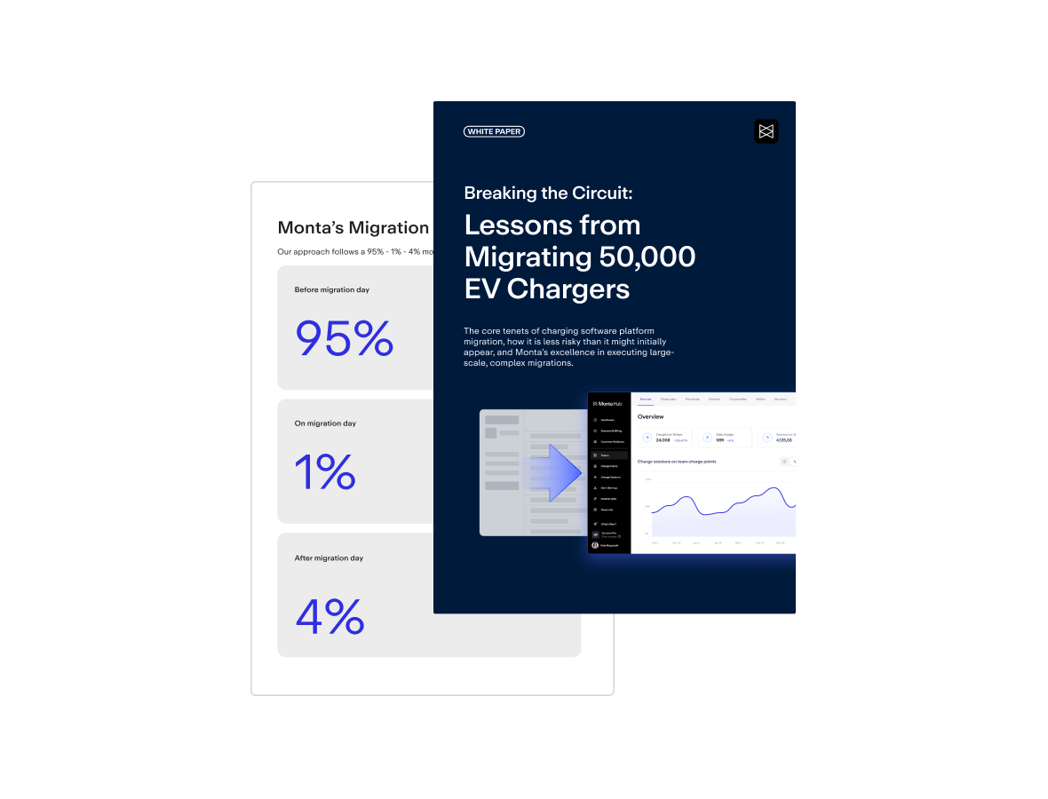 A split-screen design featuring a dark blue panel with a report title and a light panel displaying migration statistics, including percentages and a data graph.