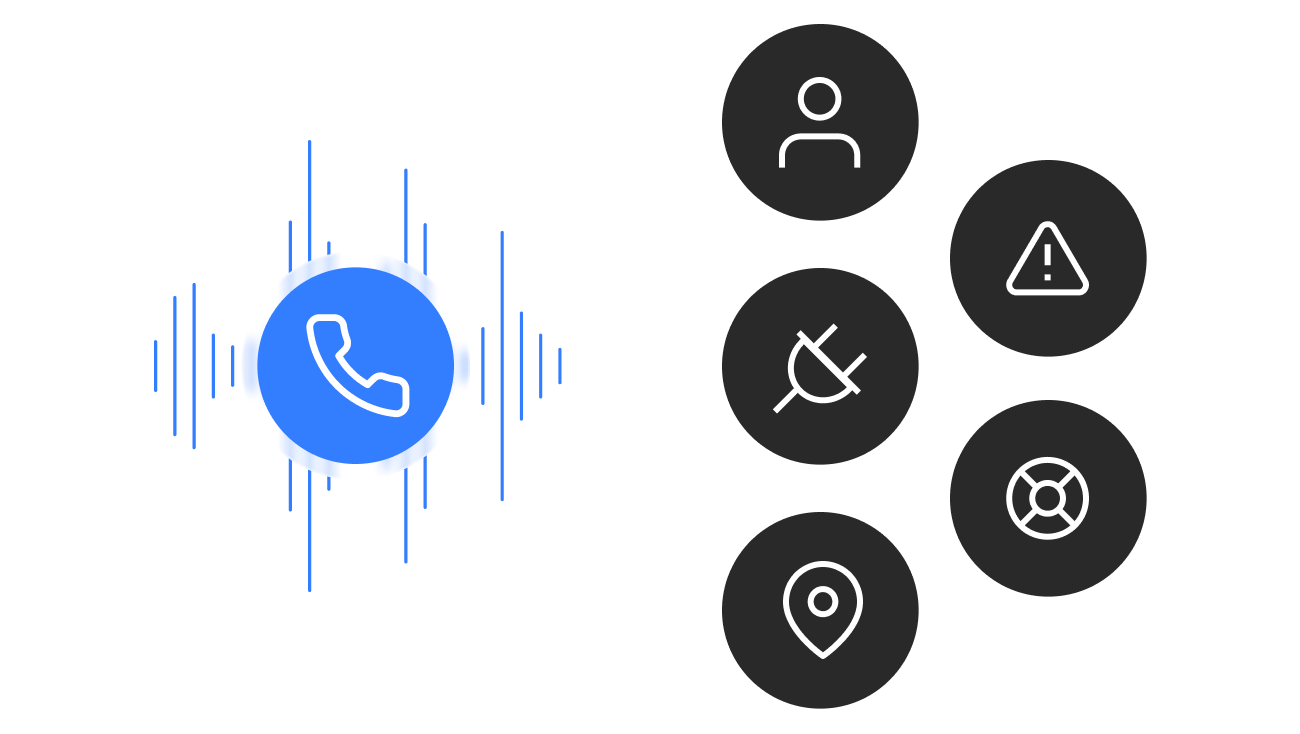 Blue circular icon with a phone symbol surrounded by soundwave lines, next to black circular icons for user, mute, alert, location, and help.