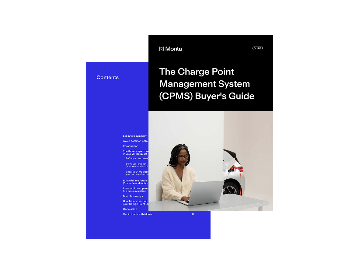 A woman with braids sits at a laptop in front of a white electric vehicle, next to a blue section featuring the guide's title and contents.